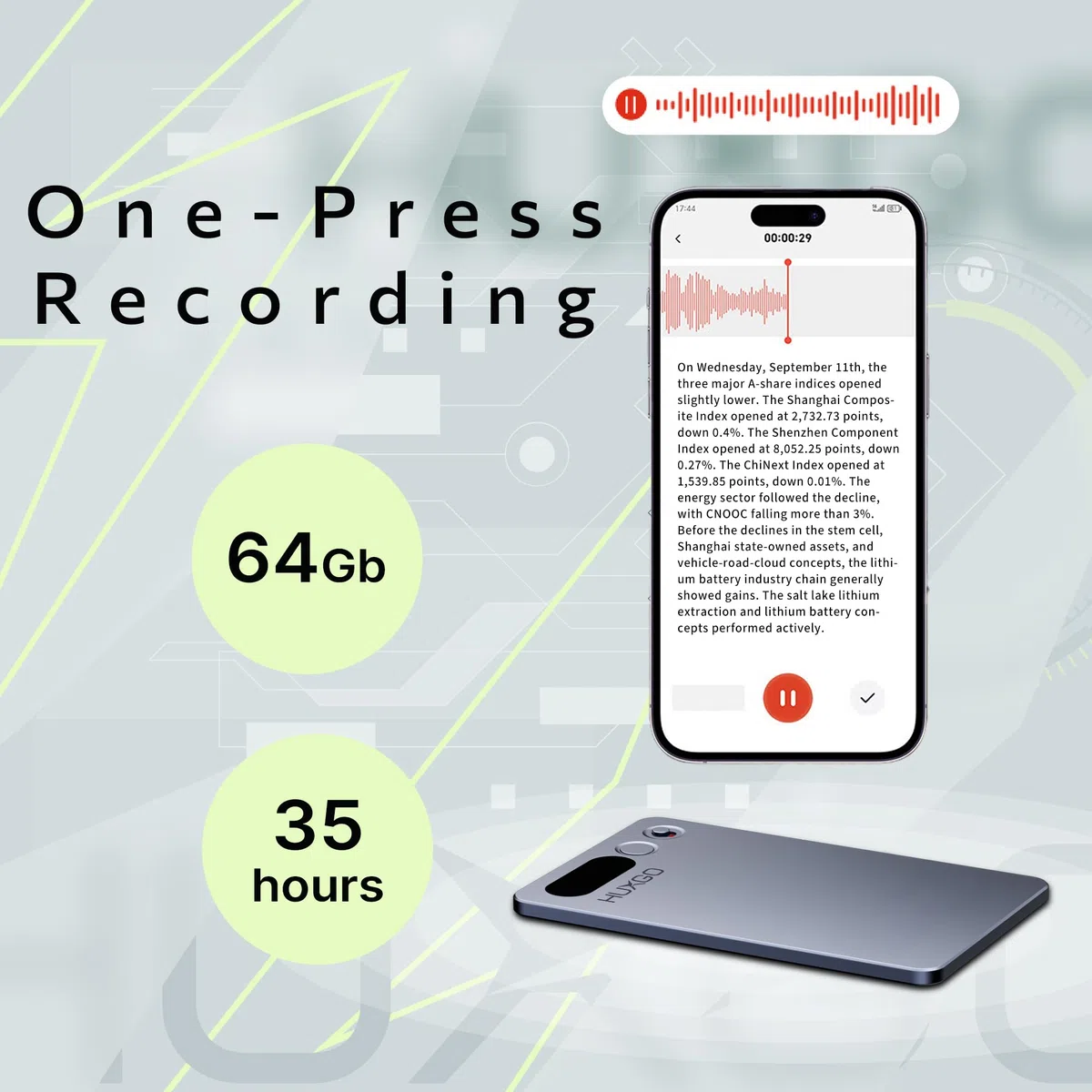 Grabadora de Voz AI - Mini grabadora de Audio Digital 64GB | Batería 35h, transcripción IA por App, Grabación One-Touch | para reuniones, entrevistas y Clases