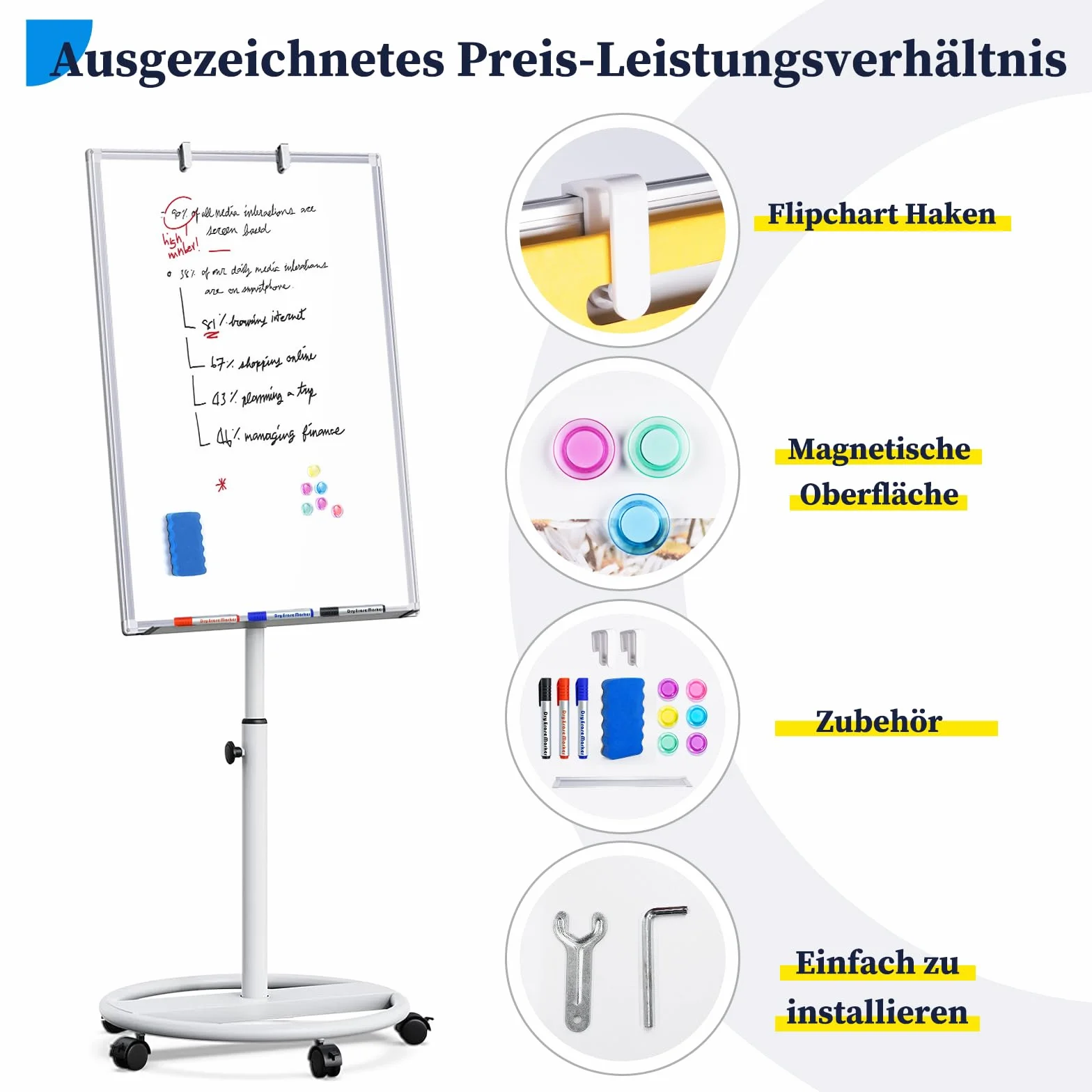 maxtek Pizarra Blanca Con Soporte, 90 X 60 cm Pizarra Caballete, Papel Para Rotafolio MóVil Con Gancho, MagnéTico Para Escribir, Altura Ajustable, 1 Borrador, 3 Marcadores Y 6 Imanes