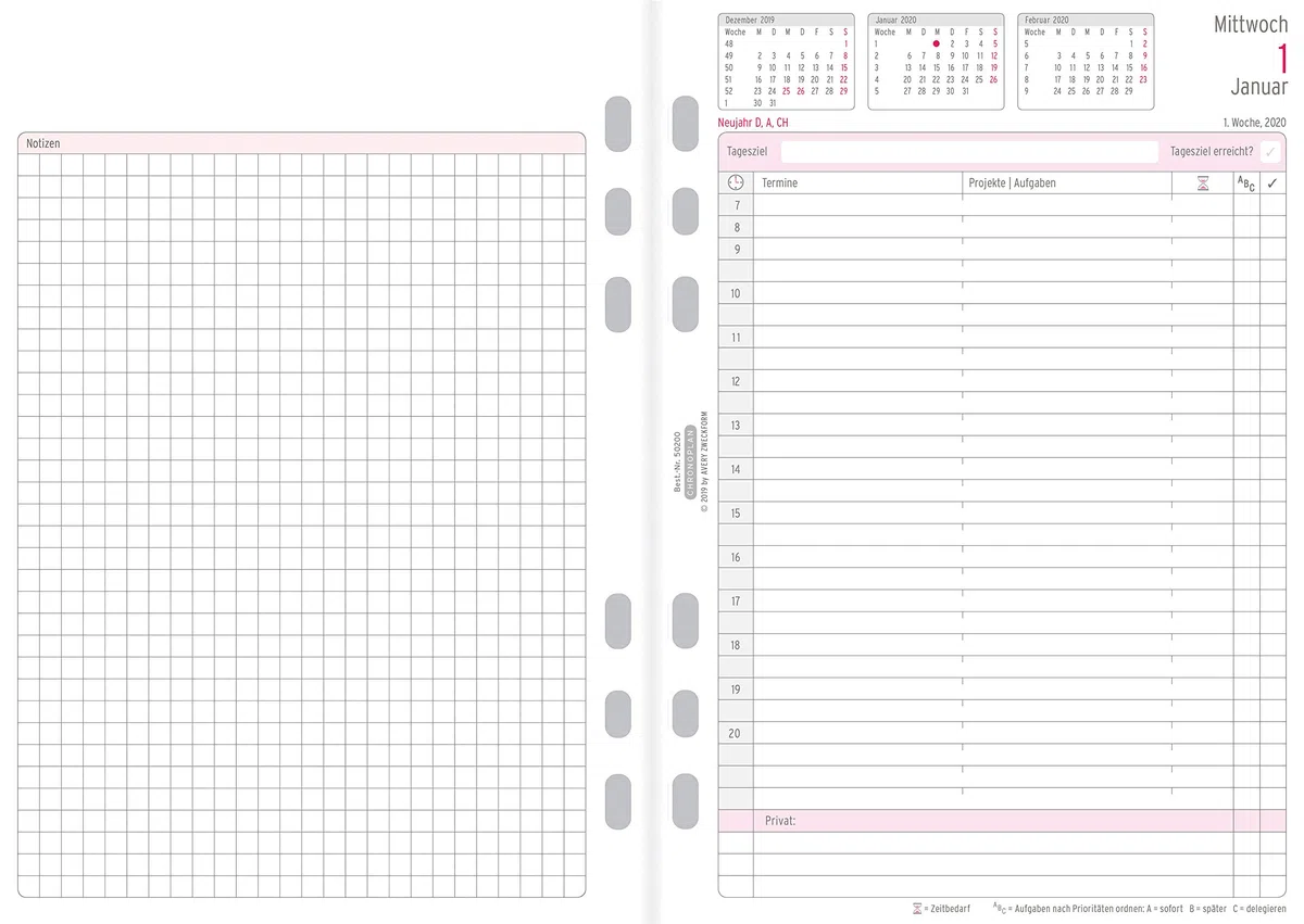 Chronoplan 50200 - Recambio para agenda 2020 (juego anual A5 con planes diarios (148 x 210 mm), calendario de repuesto, ideal para planificación diaria profesional, multiperforación (1 día en 2