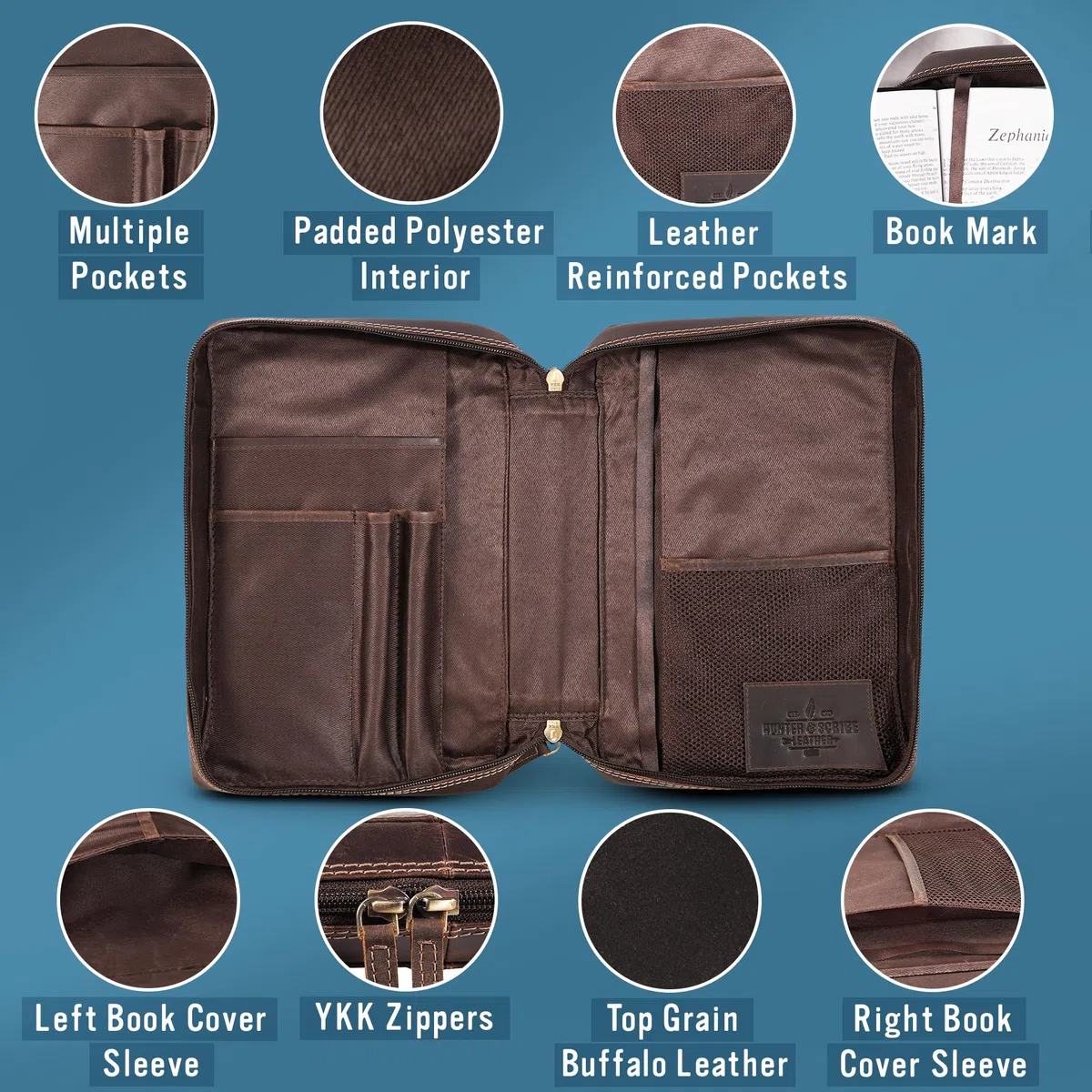 Hunter & Scribe Leather Fundas para la Biblia para hombres y mujeres - Cuero de búfalo de grano superior - Funda de piel auténtica para la Biblia con bolsillos, cremallera y marcapáginas - Funda para
