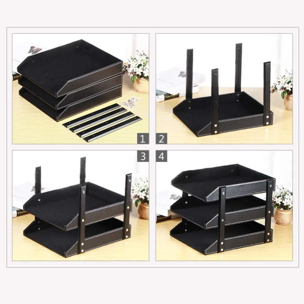 Organizador apilable de 3 niveles con acabado de piel sintética de madera en marrón y negro
