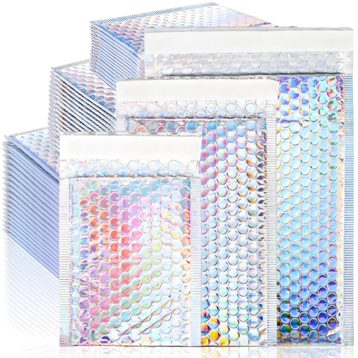 ZAVOOS Sobres metálicos de burbujas, 50 piezas, 3 tamaños, autosellantes | Sobres acolchados de polietileno holográfico, sobres impermeables de burbujas para envío, embalaje, pequeñas empresas