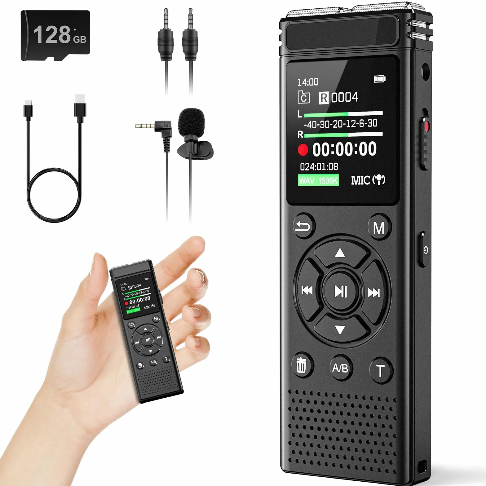 Grabadora de voz digital de 136 GB con reproducción, dispositivo de grabación de audio de 9000 horas, grabadora activada por voz con reducción de ruido, repetición A-B, reproductor de MP3 y contraseña