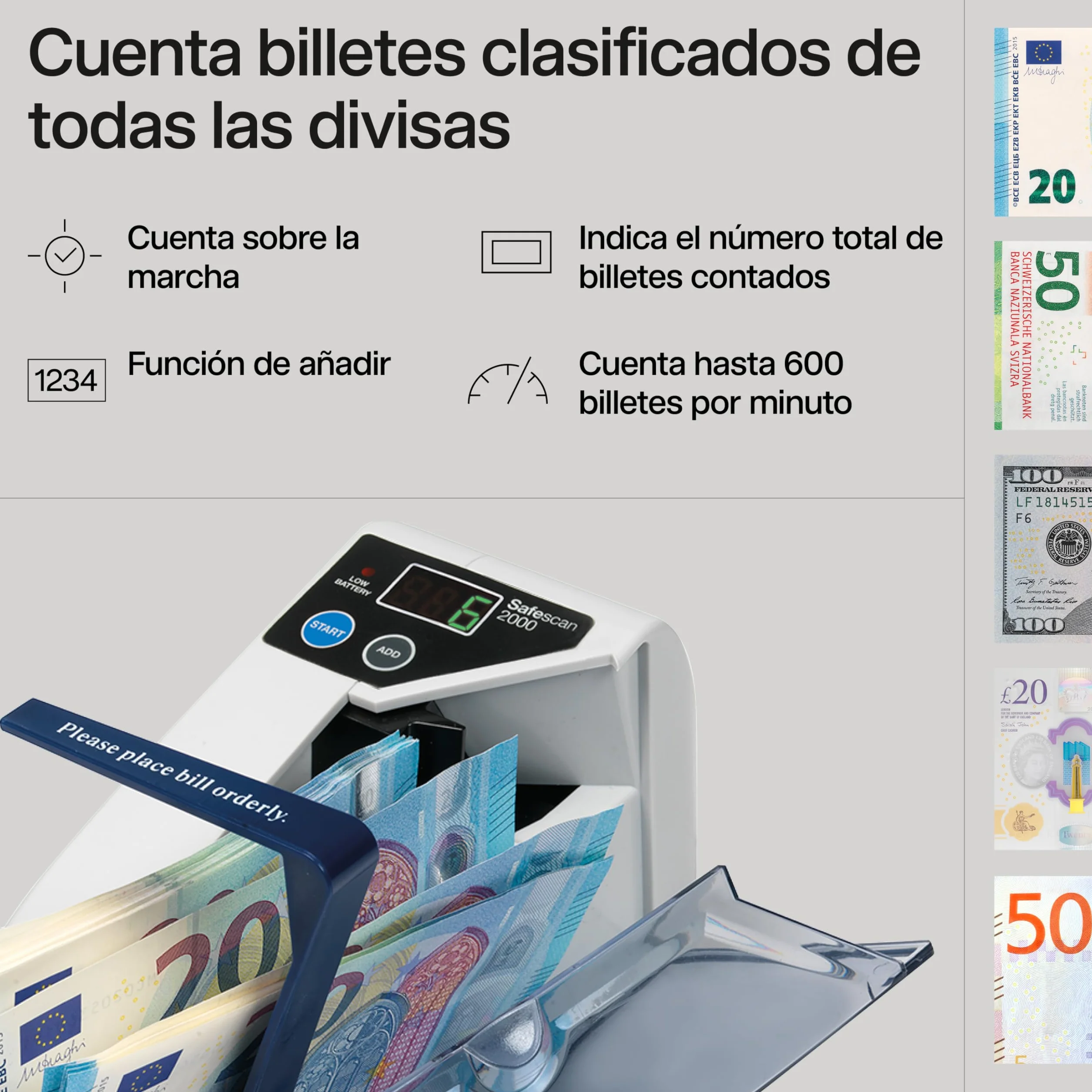 Safescan 2000 Contadora de billetes portátil para contar billetes clasificados - Para contar en cualquier lugar - Máquina para contar billetes clasificados de todas las divisas