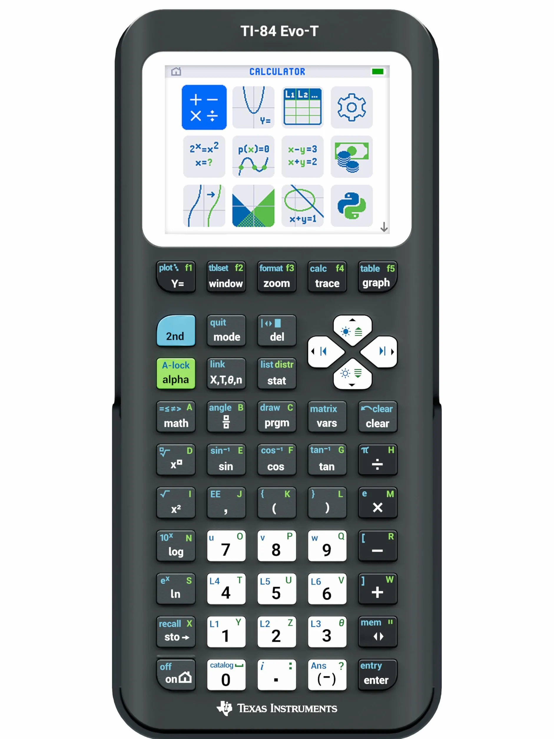 Texas Instruments TI-84 EVO-T, Calculadora Gráfica con Pantalla a Color, Recargable, USB-C, Python, Modo Examen