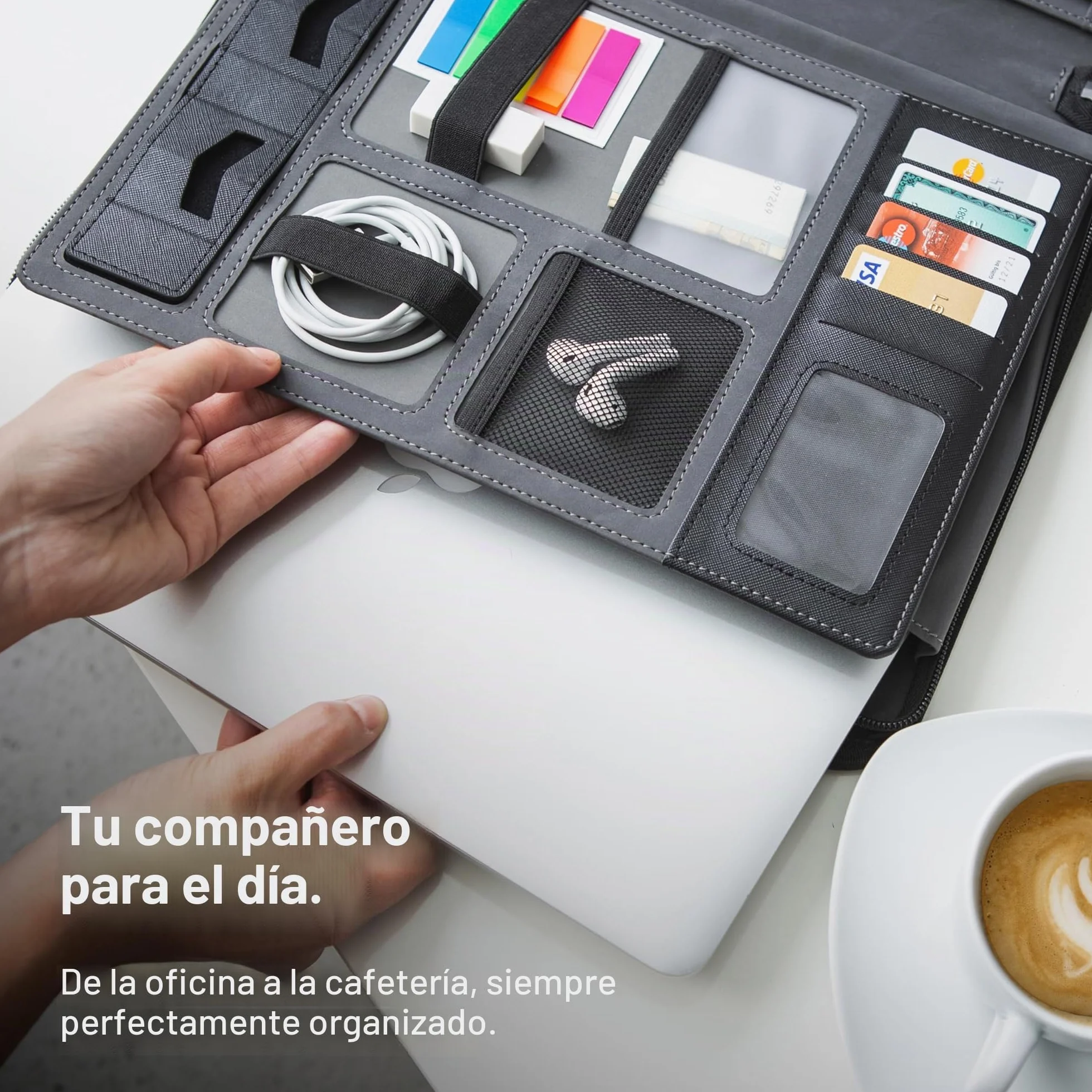 Vebon London Carpeta para documentos, tamaño A4, piel vegana, con cremallera, 2 en 1, carpeta y bolso para portátil, soporte para smartphone, negro