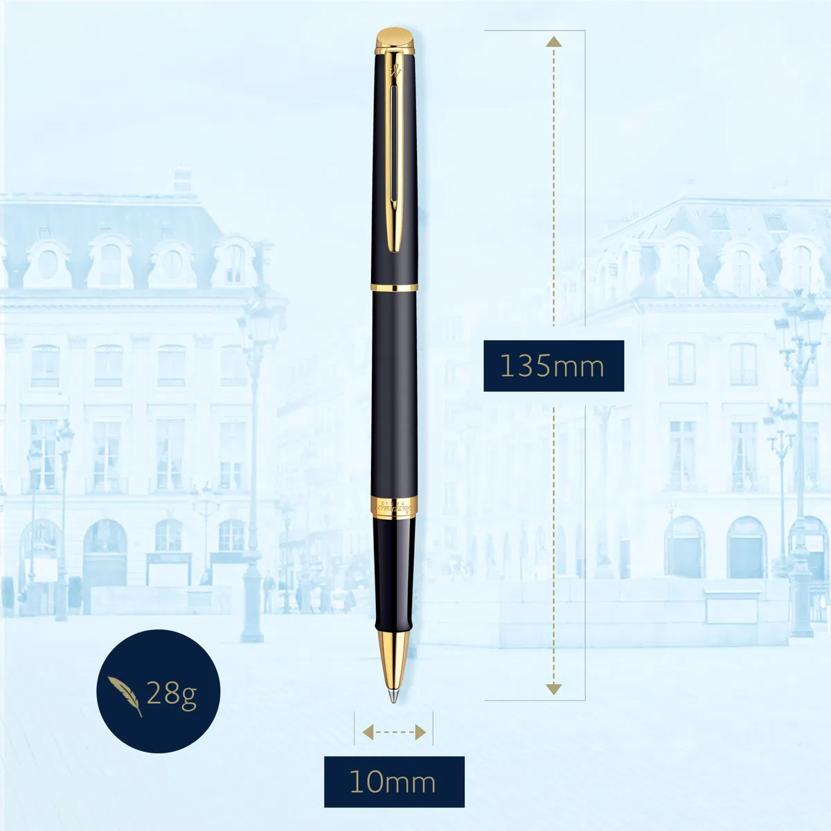 Waterman Hémisphère rotulador roller | color negro mate con adorno de oro de 23 quilates | punta fina con cartucho de tinta negra | estuche de regalo