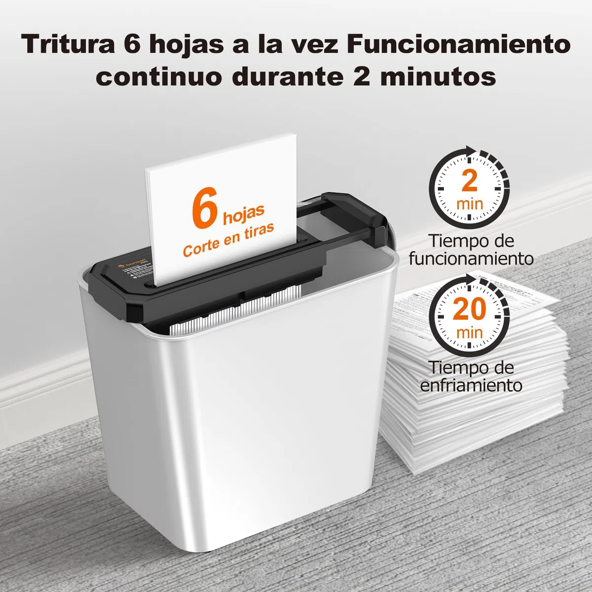 Bonsaii Destructora de Papel de 6 Hojas con Corte en Tiras para Oficina en casa, con trituración de Tarjetas de crédito, Nivel de Seguridad P-2, Apta para Botes de Basura de 31,5–39,5cm, S125-A