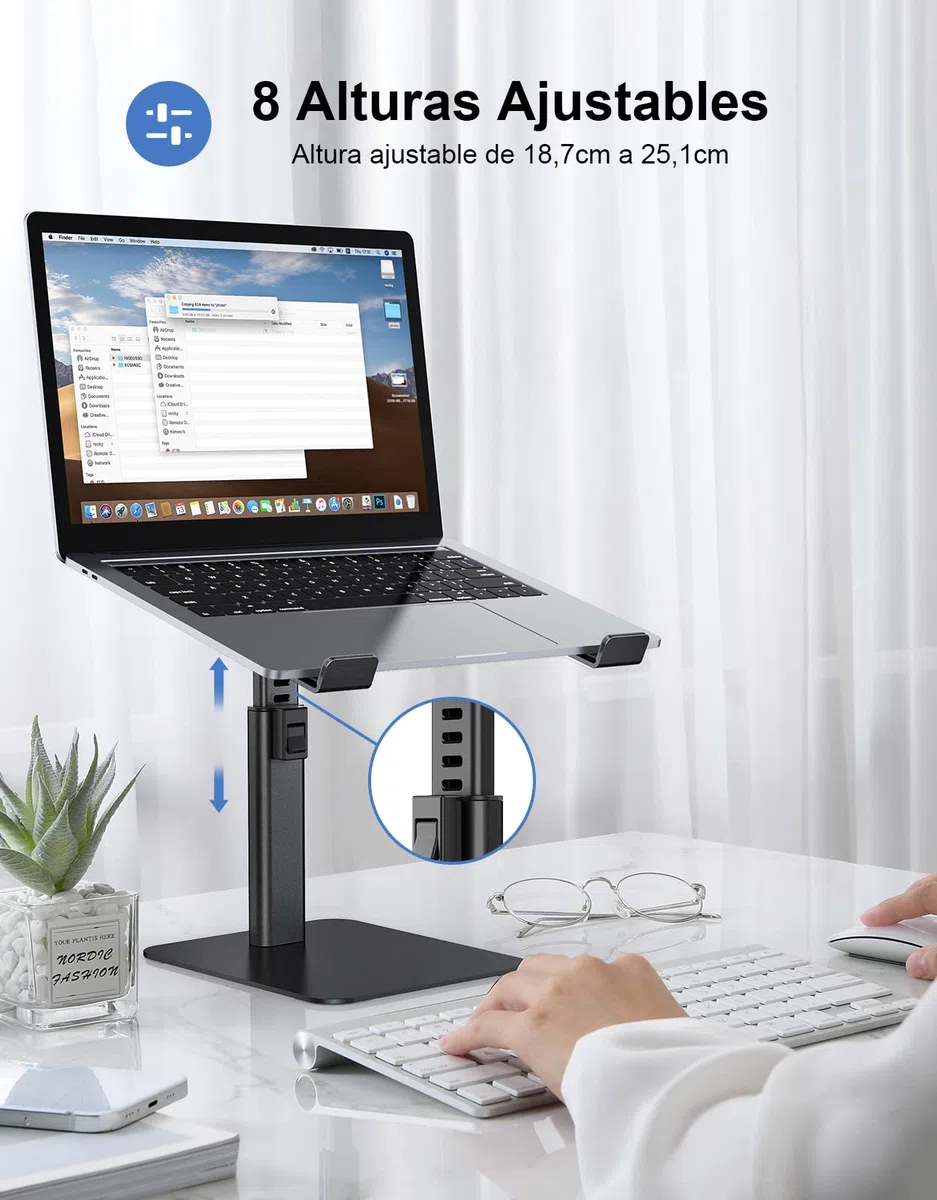 Babacom Soporte Portatil Mesa con 8 Alturas Ajustables, Aleación de Aluminio Elevador Portatil Ergonómico, Ventilado Laptop Stand Compatible con MacBook/Air/Pro, Chrome y Tabletas, 10-16” Negro