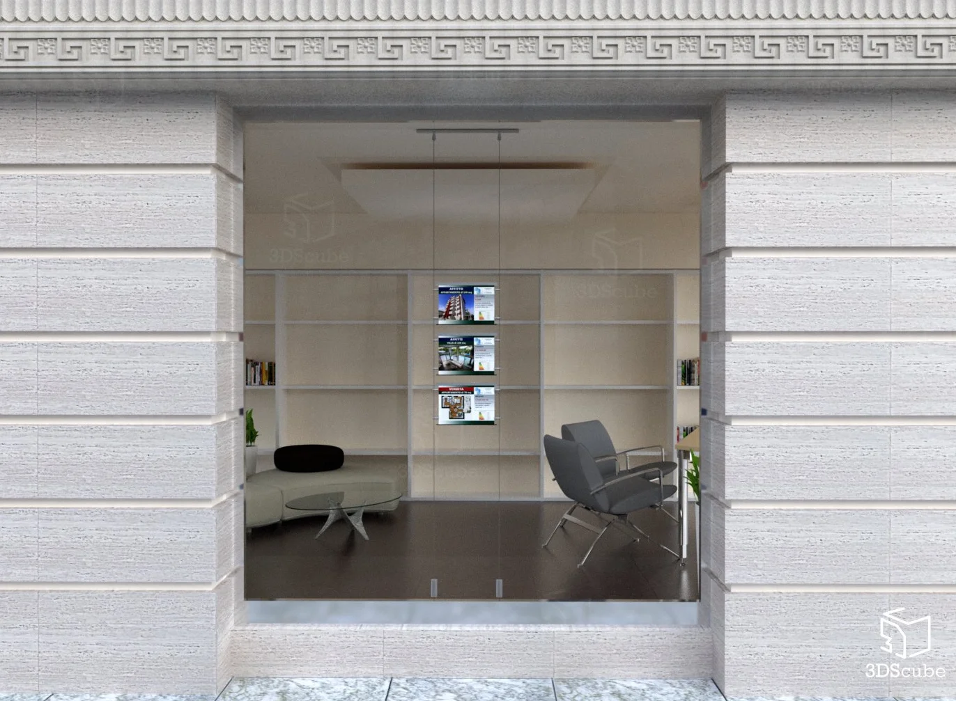 Expositor con cables luminosos de una cara para escaparate, Evo LED KIT 1 x 3 con carpetas luminosas de metacrilato formato A4 horizontal, porta anuncios para agencias inmobiliarias, estudios