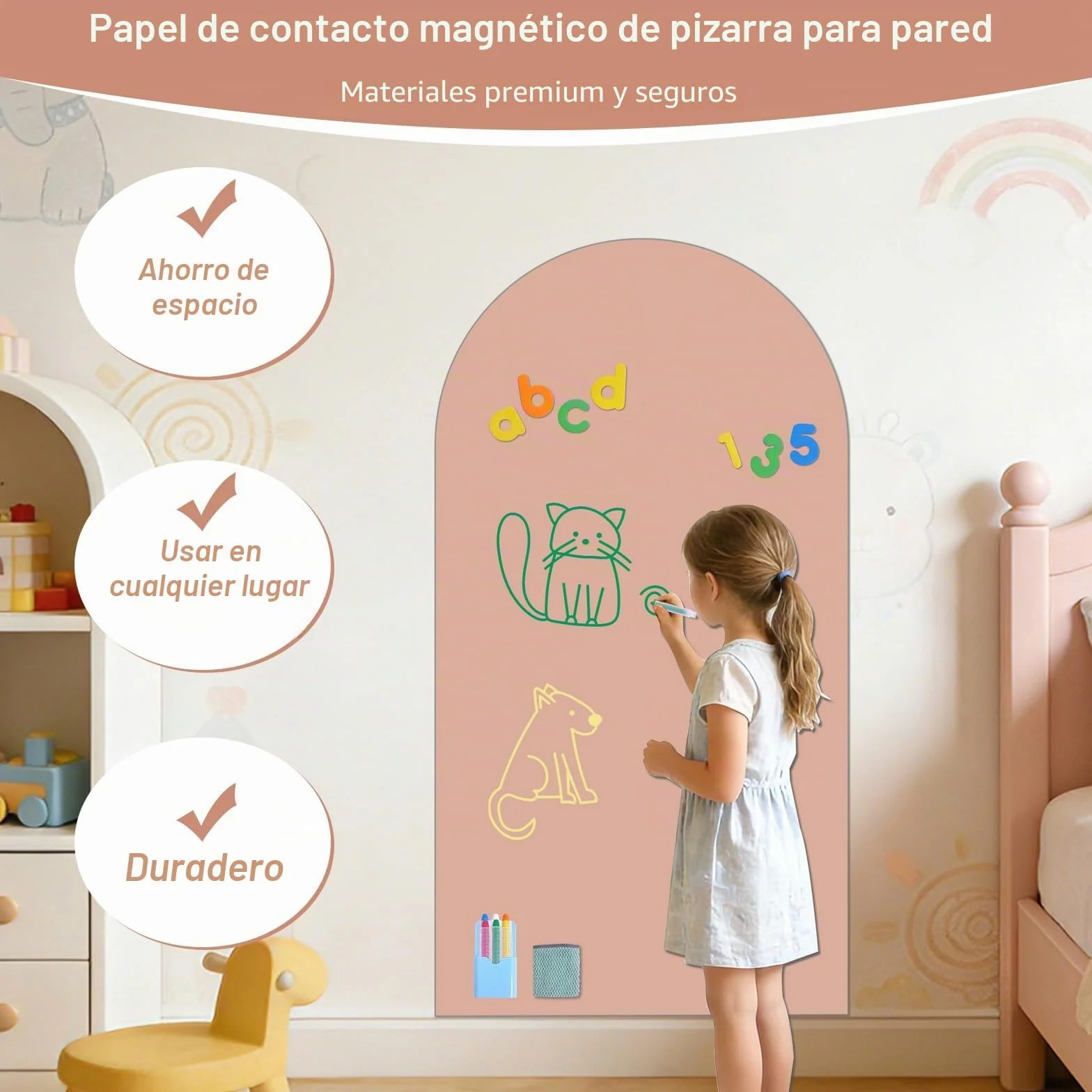 Pizarra Magnética Adhesiva de Pared 80 x 40 cm – Pizarra Negra Borrable en Seco con Tizas, Imanes y Paño (Rosado)
