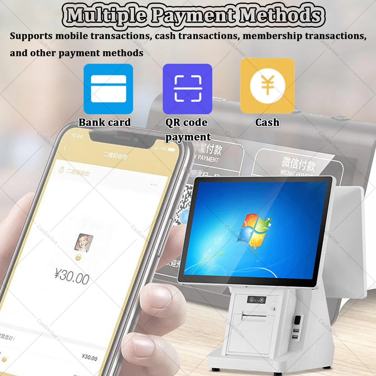 Caja Registradora — Sistemas TPV (POS) con PC y Doble Pantalla Táctil de 15.6 Pulgadas para Pequeñas Empresas — TPV Inteligente «Todo en Uno» para Comercio Minorista, Restaurantes 4G64G-58mm