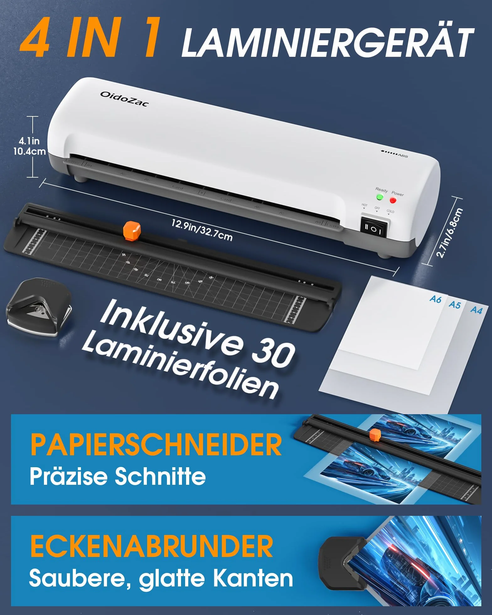 Plastificadora A4 4 en 1 en caliente y fría con 30 láminas de laminación (A4/A5/A6), apilamiento de ABS, cortador de papel y redondeador de esquinas, máquina de laminación para oficina, escuela y