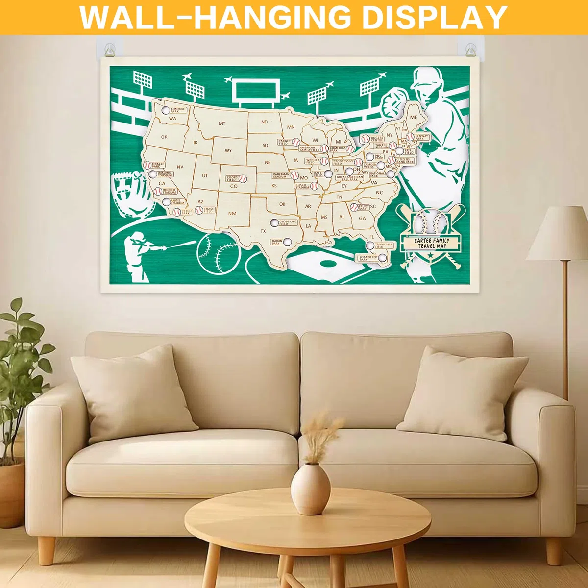 Mapa de estadio de béisbol, mapa de viaje de Estados Unidos con pines, decoración de béisbol, recuerdos deportivos, seguimiento de viajes de Estados Unidos, mapas de Estados Unidos para pared, regalo