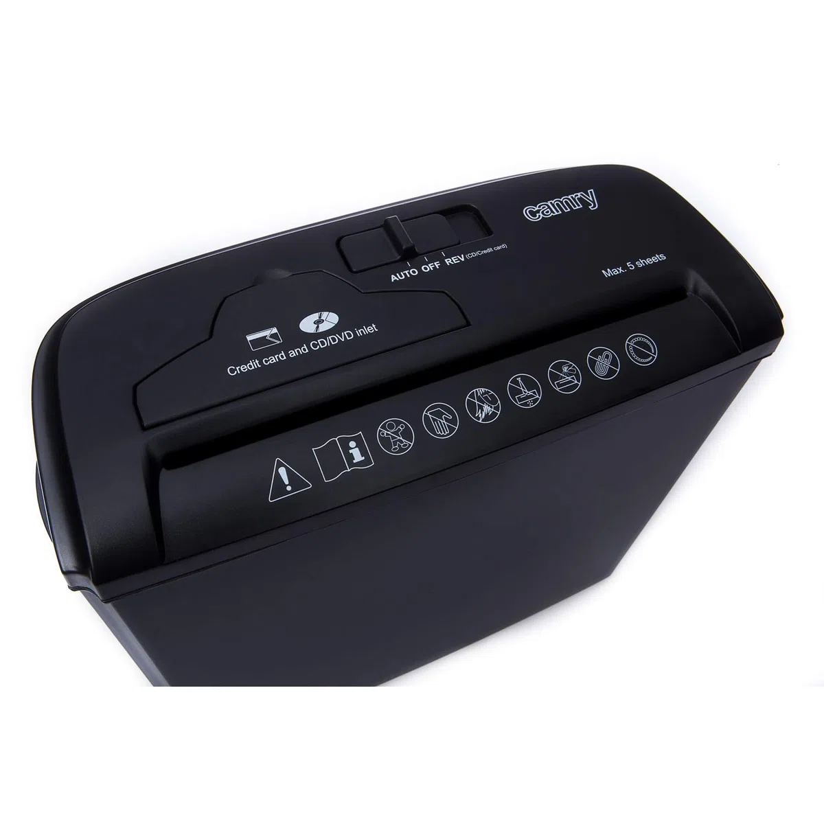 Camry CR1033 Destructora de Papel 5 hojas, trituradora de CD, DVD y tarjetas de crédito, recipiente separable 7 litros, encendido automático, negra