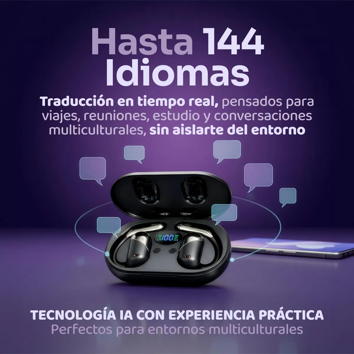 Auriculares Traductor en Tiempo Real con IA - Traductor Instantáneo de Voz para 144 Idiomas - Dispositivo Traductor de Oído Abierto 3 en 1 con Estuche de Carga para Viajes/Negocios/Aprendizaje.