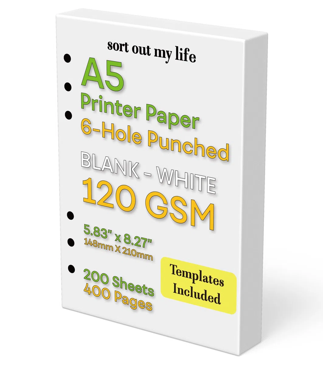 Papel en blanco A5, 120 g/m², 6 agujeros perforados, 200 hojas (400 páginas), papel de impresora de 148 x 210 mm