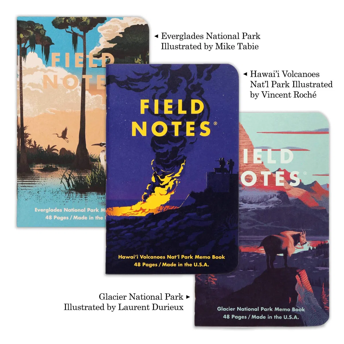 Field Notes: National Parks Series (Serie F – Glacier, Hawai'I Volcanoes, Everglades) – Libro de notas de papel gráfico 3 unidades – 3.5 x 5.5 pulgadas