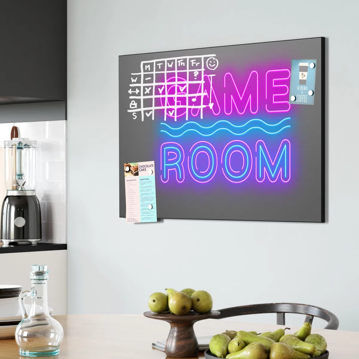 DEQORI Pizarra magnética con impresión UV | diseño "Neon Game Room" | diseño rectangular de 90 x 60 cm | tiza pizarra metálica se puede escribir – Decoración de pared para cocina, pasillo, habitación