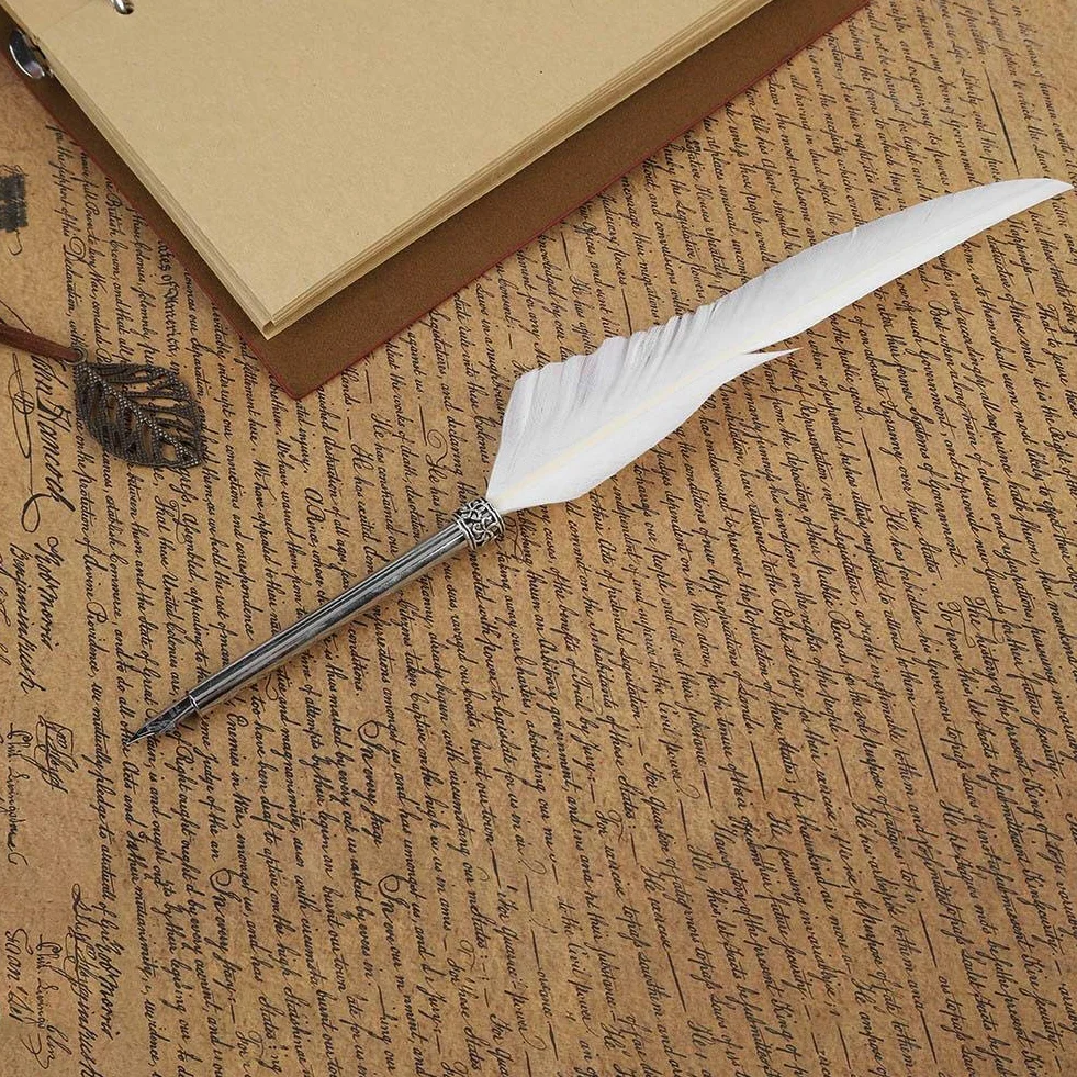 VBESTLIFE Conjunto de Botella de Tinta Cuaderno de Cuero Retro con Pluma Estilográfica de Plumaje Tallado Vintage para Caligrafía Escritura Regalo de Papelería(Blanco)