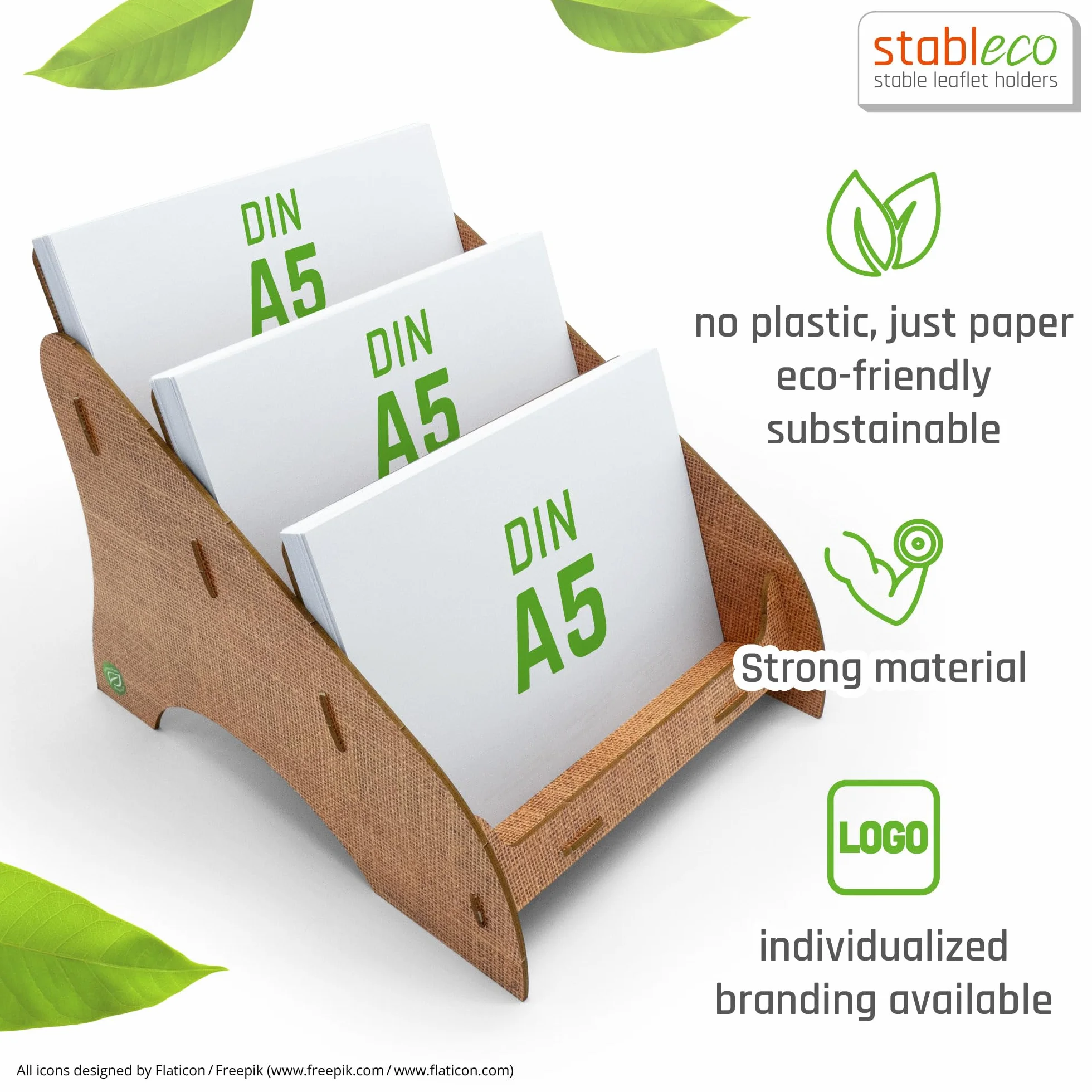 Soporte para folletos ecológico DIN A5 horizontal 3 compartimentos diseño natural