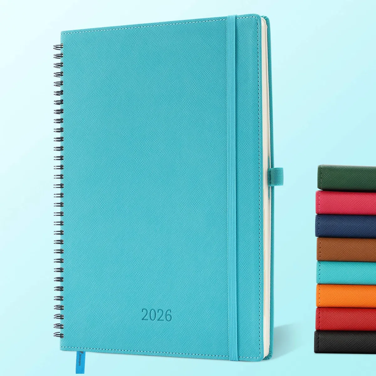 Agenda semanal 2026 con espiral de cuero y tapa suave, grande, color azul claro