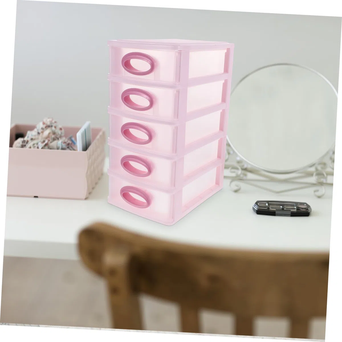 PLAFOPE Organizador de Escritorio en Pp 5 Cajones Diseño Simple Caja Almacenaje Maquillaje Rosa y Montaje Fácil para Maquillaje y Papelería para Oficina