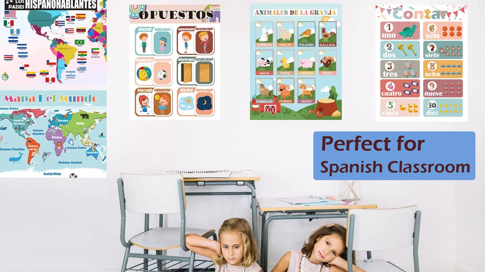 Clase de Español para Niños Poster, 18 Pósteres Bohemios Decoraciones Bilingües para Estudiantes de Primaria, Tablas de Aprendizaje Resistentes al Agua
