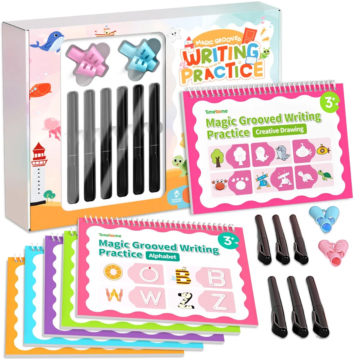 Magic Groove - Cuaderno de práctica de escritura a mano ranurado para niños, libros de trabajo de escritura a mano reutilizables para niños de 3 a 8 años para preescolar (6 libros