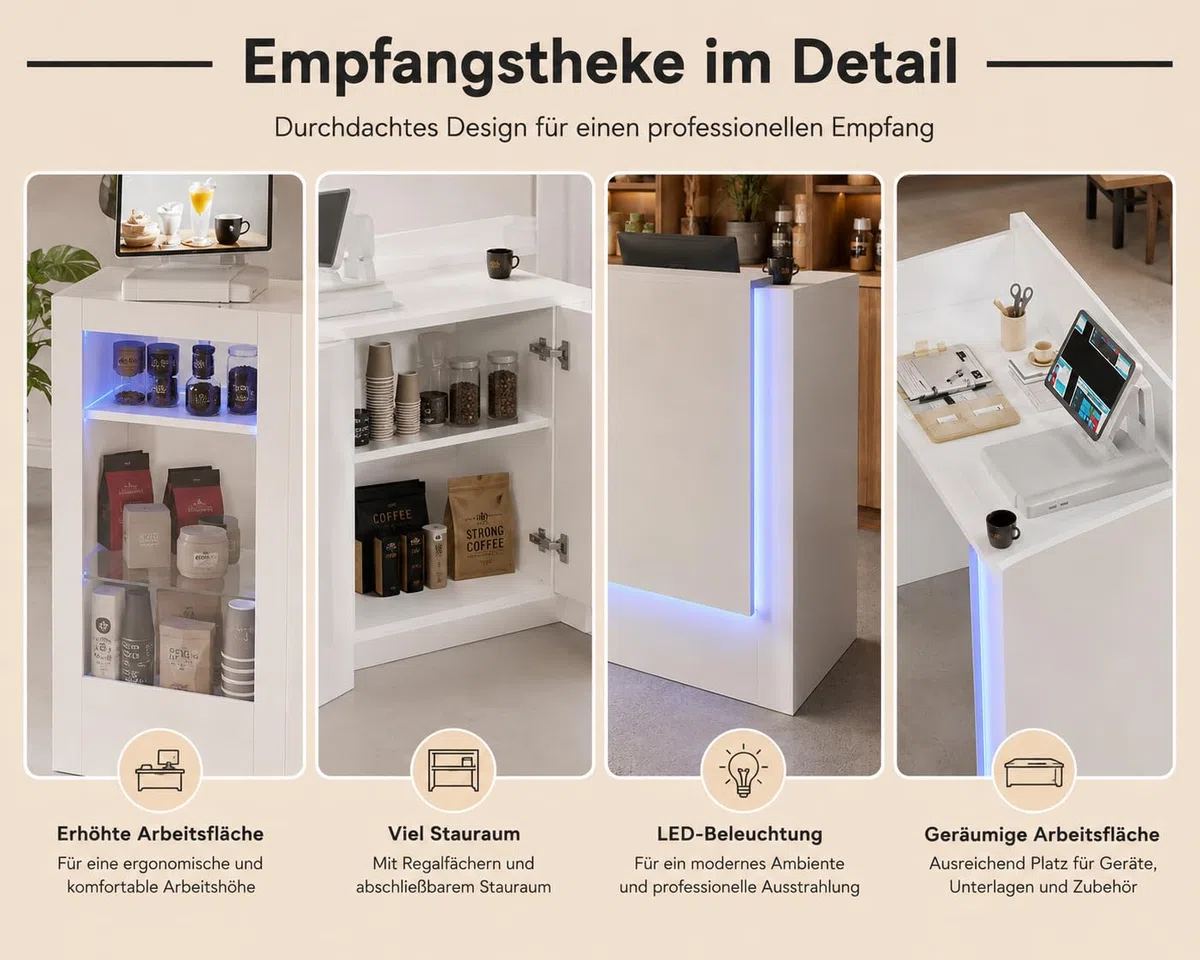 Caldion Moderno mostrador de recepción con iluminación LED con cajón de tatuaje, mostrador de recepción de cristal templado, mesa de recepción en forma de L, color blanco, 120 x 100 x 103 cm