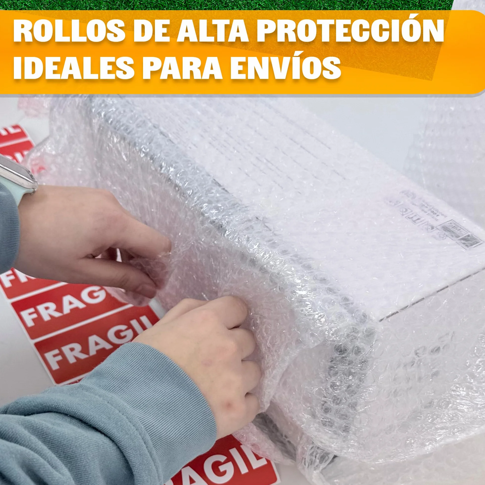 Rollo Burbuja Embalaje 100 cm x 100 m con Cutter y Pegatinas de Frágil – Papel Burbuja Protector Antigolpes Reutilizable