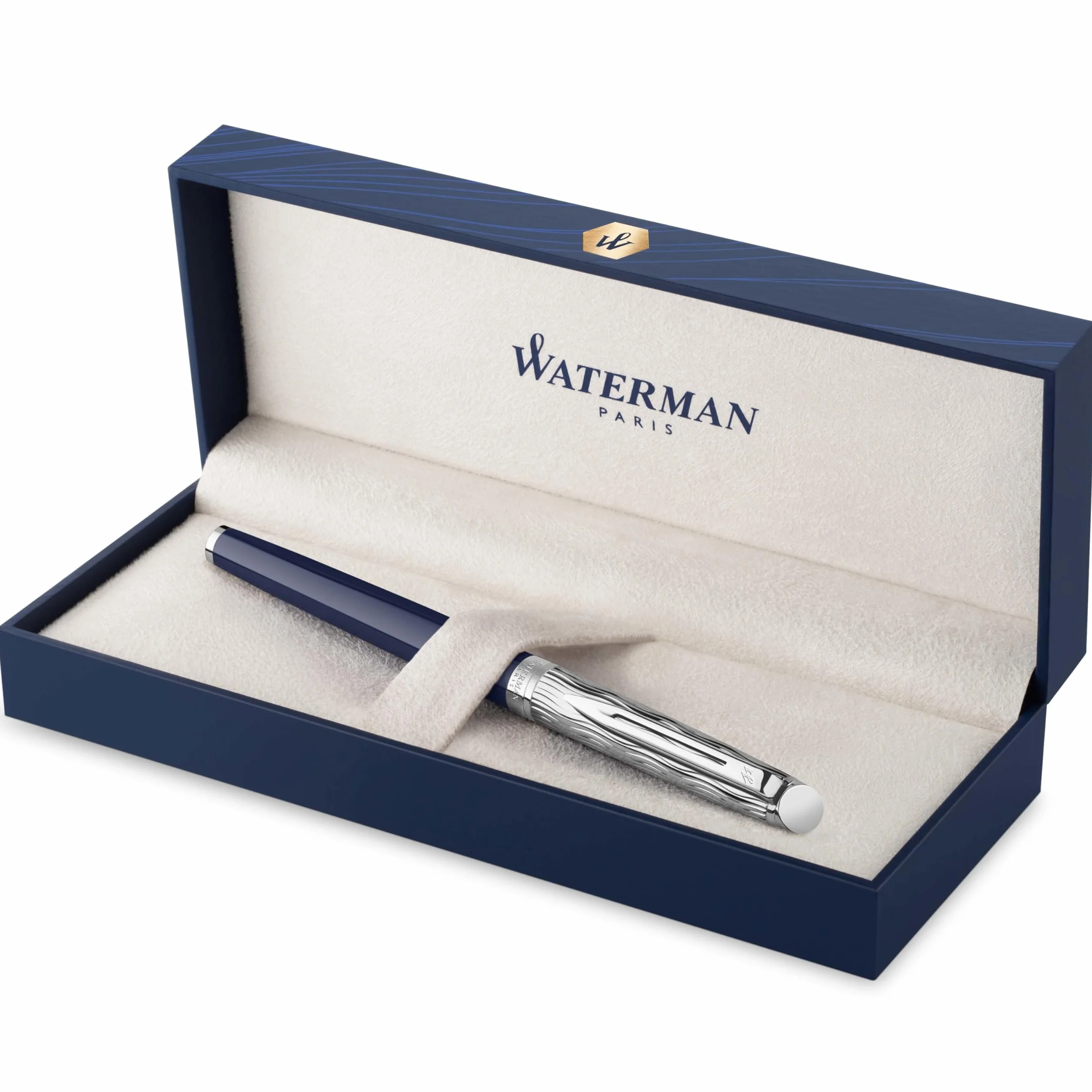 Waterman Hémisphère pluma estilográfica | Metalizada y lacada en azul | Capuchón labrado | Plumín fino de acero inoxidable | Tinta azul | Estuche de regalo