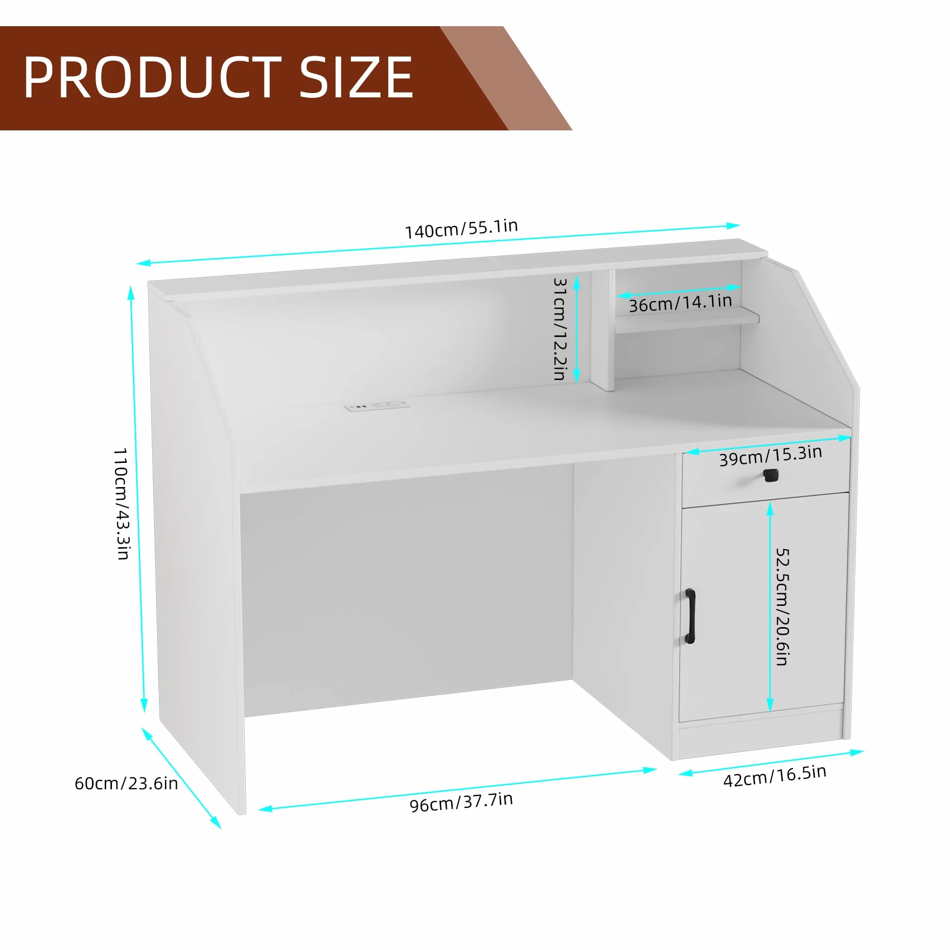 MSFE Mostrador Recepcion con LED,Mostrador de Recepción Grandes con Cajón Armario y Tomas de Corriente,Mostrador de Venta para Caja,Vestíbulo,Salón de Belleza,Oficina,Mueble de Recepción,140*60*110CM