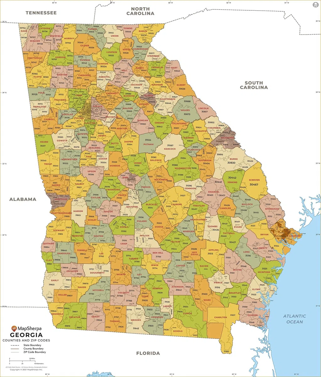 Mapa de código postal de Georgia con condados, estándar, 36 x 42.25 pulgadas, laminado