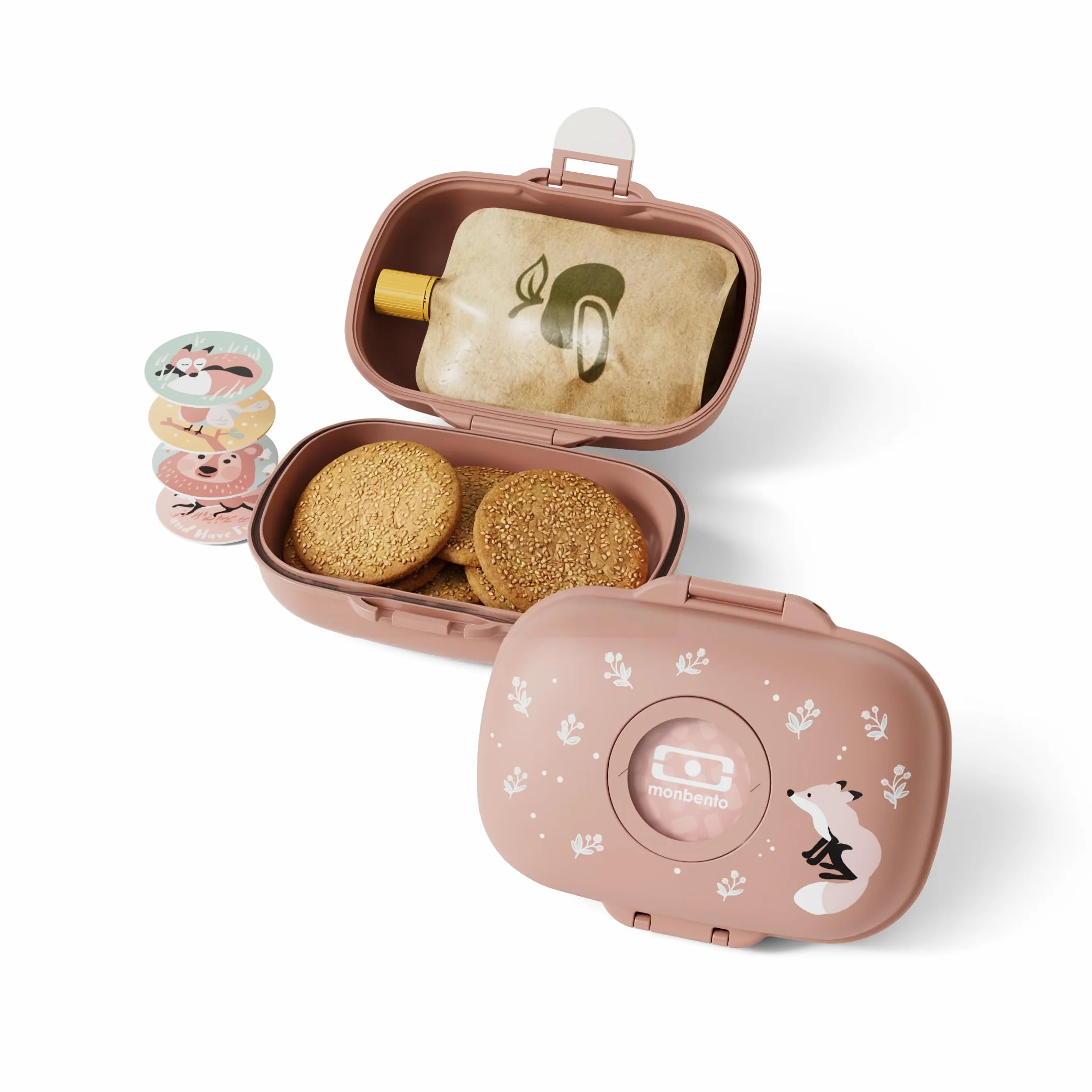 monbento - Caja de Merienda Infantil MB Gram Fox - Caja de Merienda para Niños - Ideal Escuela o Parque - Sin BPA - Segura y Duradera - Rosa Canela