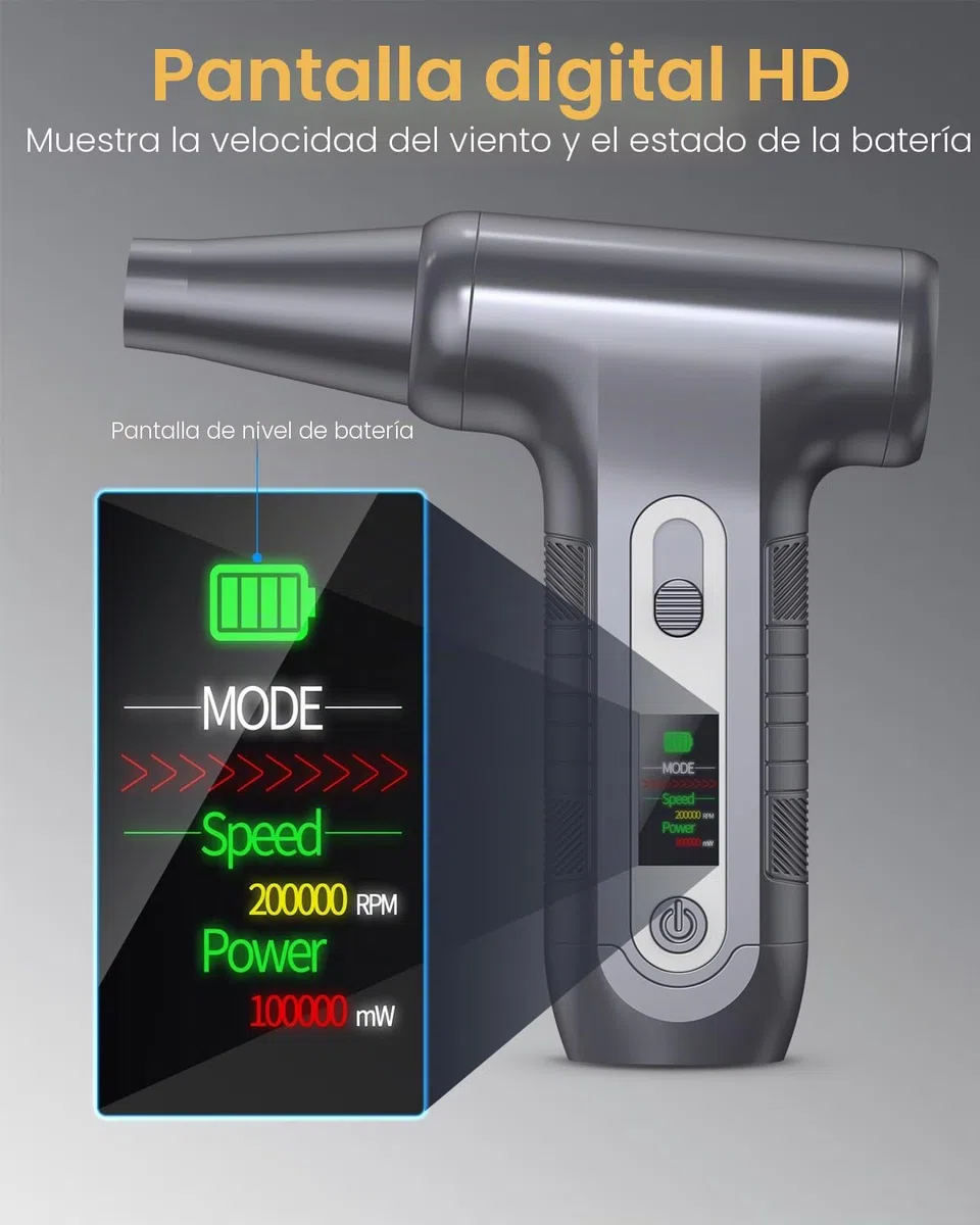 Soplador de Aire Potente con Pantalla Digital HD - Air Duster 200000 RPM con Luz LED, Batería 6000 mAh, Aire Comprimido Limpieza PC, Coche, Oficina, Sustituto de Spray Aire Comprimido, W06-Plata
