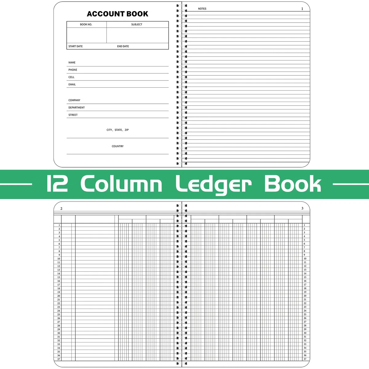Sayglossy Juego de 2 libros contables de 8.5 x 11 pulgadas, libros columnares, cuaderno de contabilidad, libro de registro columnar para negocios, Wire-O, 100 hojas/juego (12 columnas)