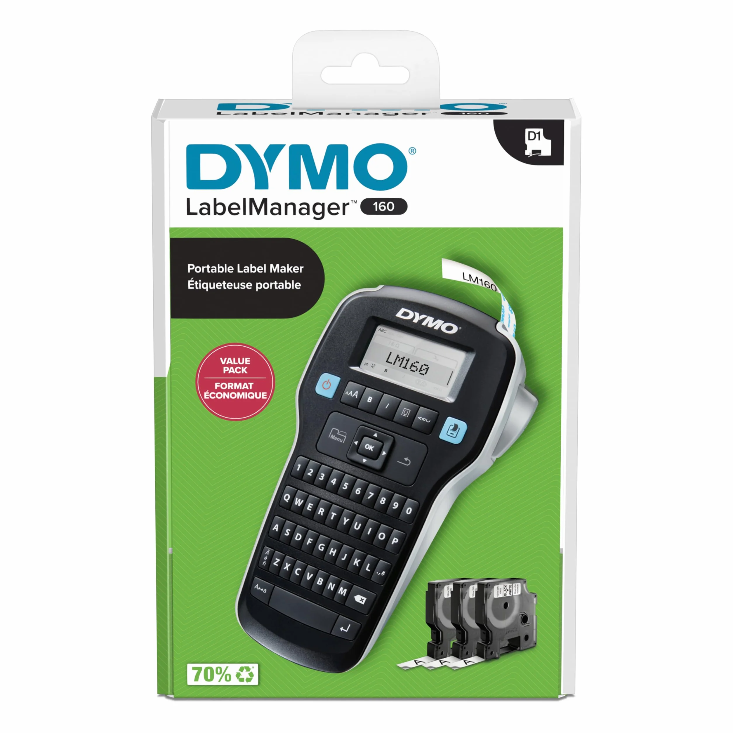 DYMO LabelManager 160 Kit de Iniciación Etiquetadora Portátil con 3 Rollos Cinta DYMO D1