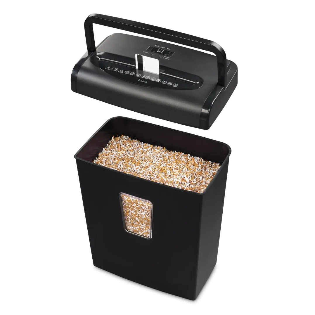 Hama | Trituradora de Papel Microcorte P-5 8 Hojas, Negro | Destructora de Documentos DIN 66399 P5 E4 T5 + Tarjetas de Crédito + Cesto 20L Compacta