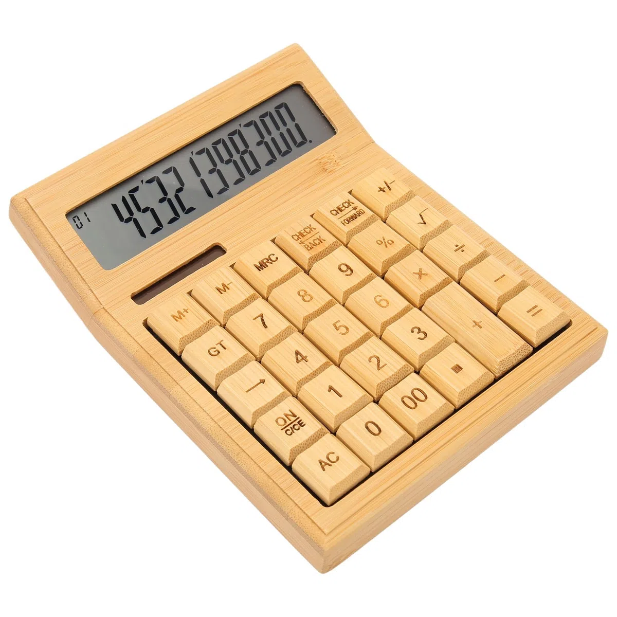 Fockety Calculadora, Calculadora Solar de Madera de Bambú de 12 Dígitos, Calculadora Básica de Sobremesa de Función Estándar con Doble Alimentación Solar y Batería, para Oficina, Escuela