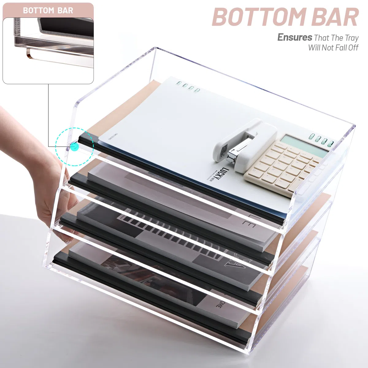 SANRUI Bandeja apilable de acrílico para Cartas, Bandeja de Papel Transparente, Organizador de Escritorio de 4 Niveles, Organizador de Archivos de Escritorio, Bandeja de Estante de Documentos para