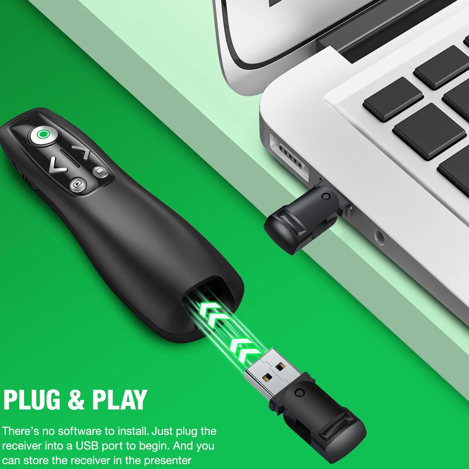 Control remoto inalámbrico 3 en 1 USB tipo C con luz verde para PowerPoint, PowerPoint Clicker con control de volumen PowerPoint Slide Advancer para Mac, computadora, laptop