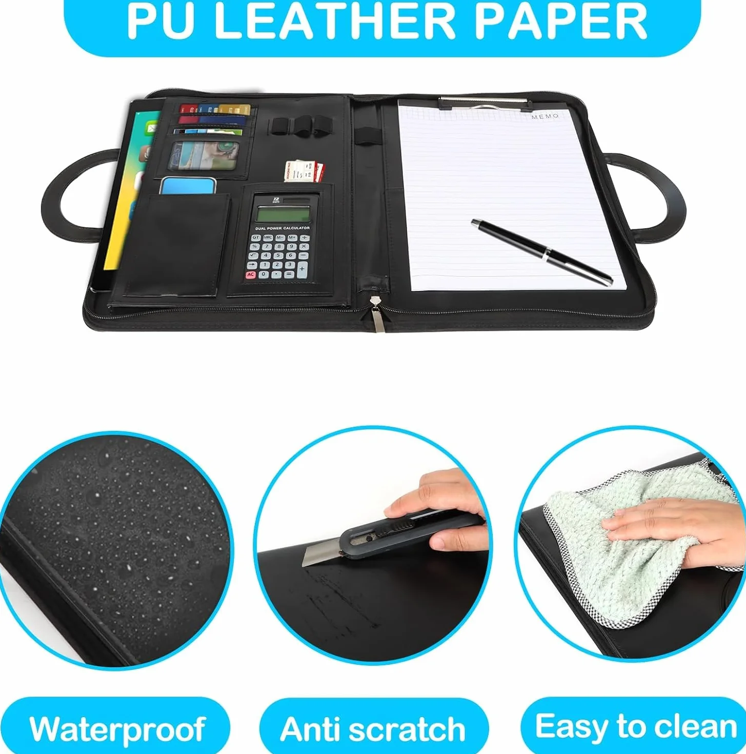 Cinnani Porta Documentos Grande con Calculadora, Portadocumentos A4 Carpeta Profesional, Asas Magnéticas Plegables, Portafolio Carteras de Viaje Cuero para Tarjetas/Plumas/Tableta y Smartphone, Negro