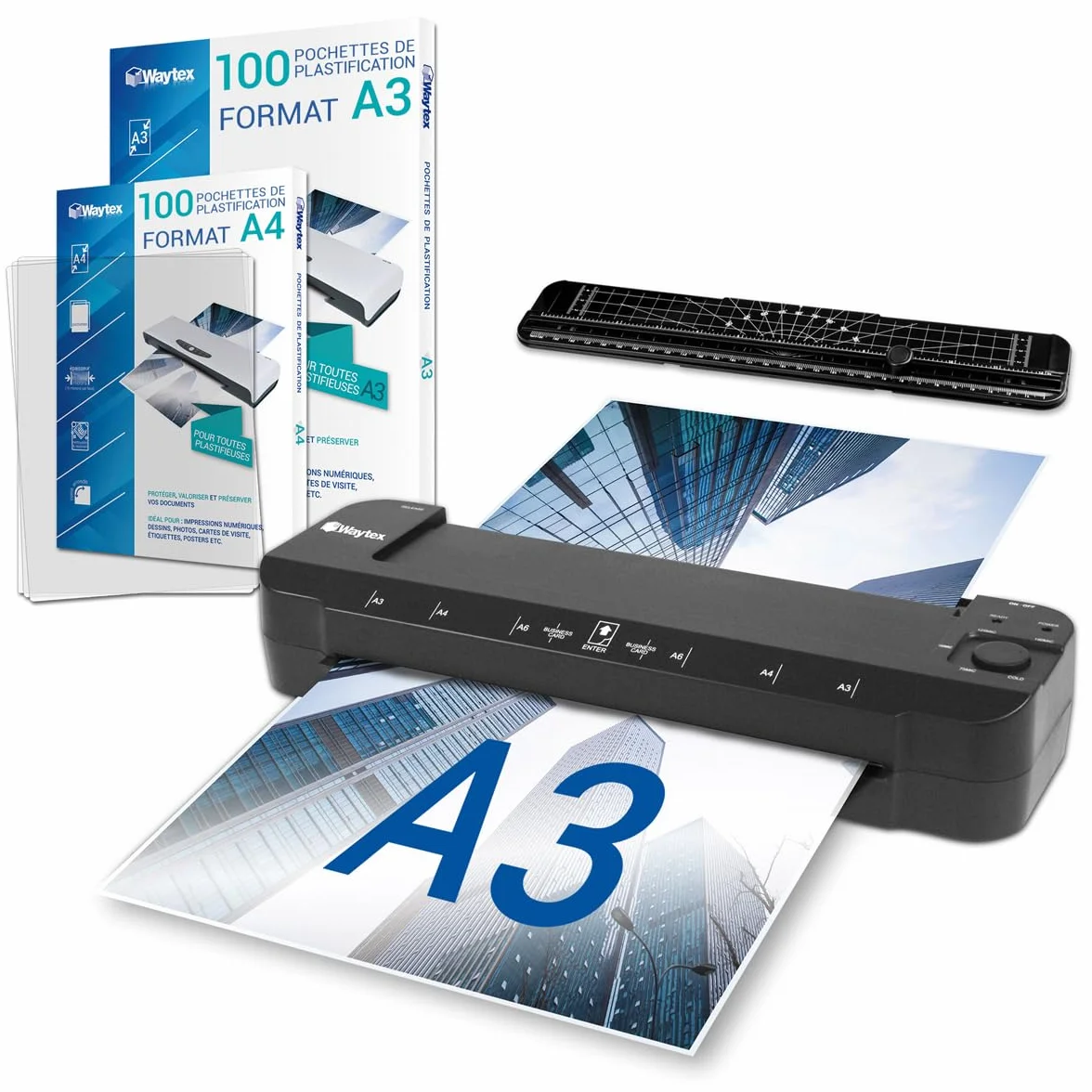 Plastificadora A3 A4 A5 A6 A7 Pro Ultra rápida en caliente y fría hasta 2 x 150 micras Temperatura ajustable para uso profesional intensivo Pack con 100 fundas A4 + 100 fundas A3 + 1 recortadora