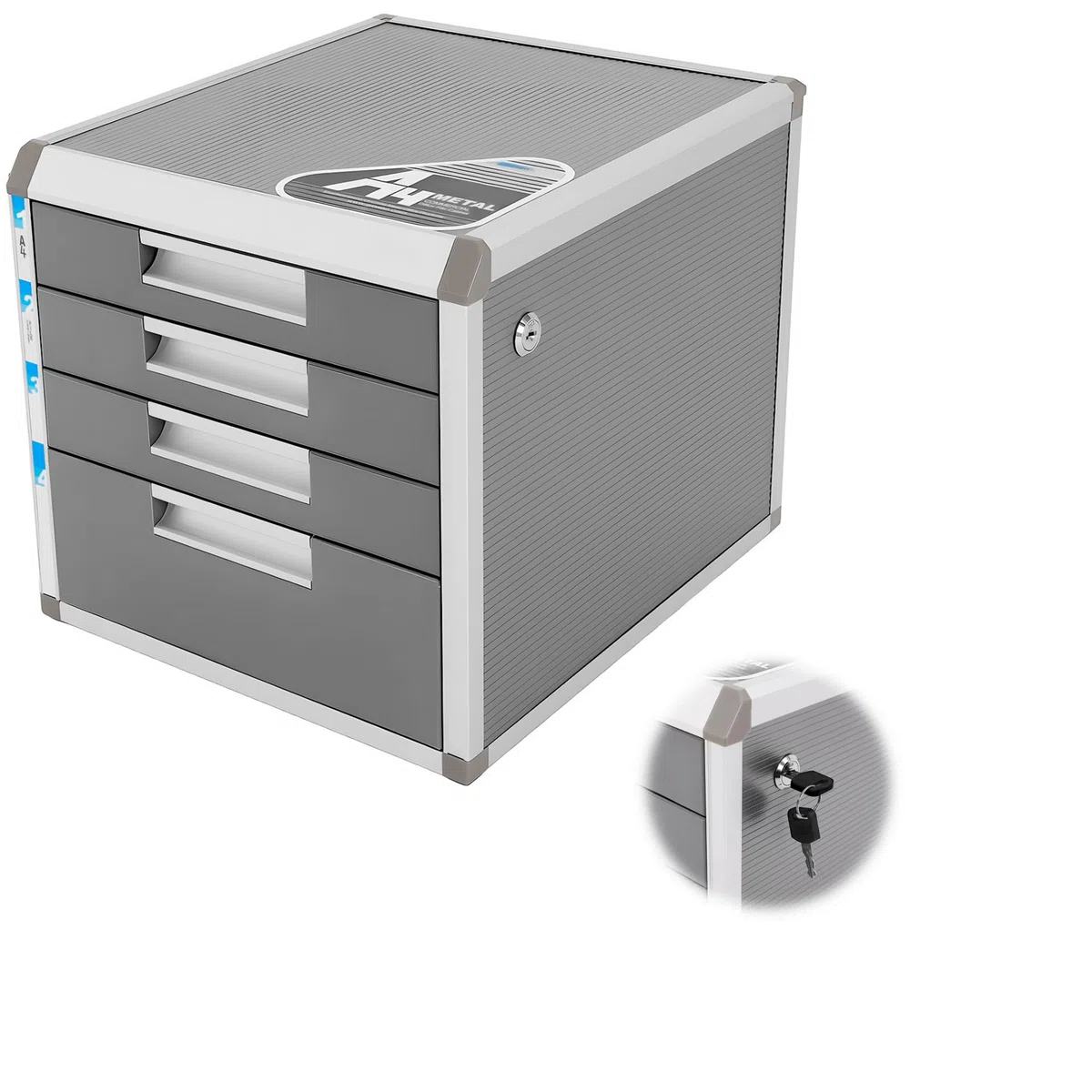 Armario archivador con 4 cajones con cerradura de aleación de aluminio – Caja para documentos DIN A4 31,5 x 35 x 29,8 cm – 1 compartimentos grandes + 3 pequeños, estantes de MDF y 2 llaves – gris y