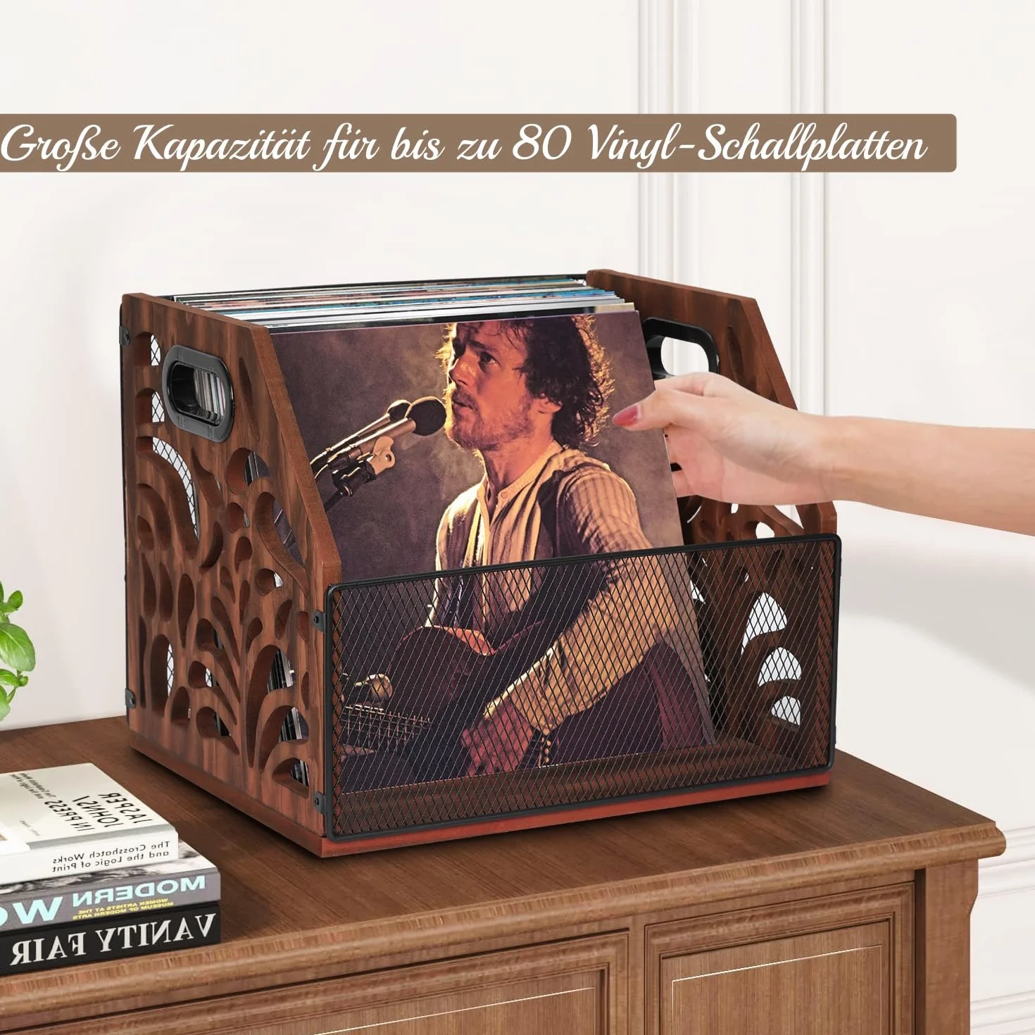 Soporte para discos de vinilo, estilo vintage, de madera, soporte para discos de vinilo para 70 LP, también para álbumes, revistas, libros, archivos, periódicos