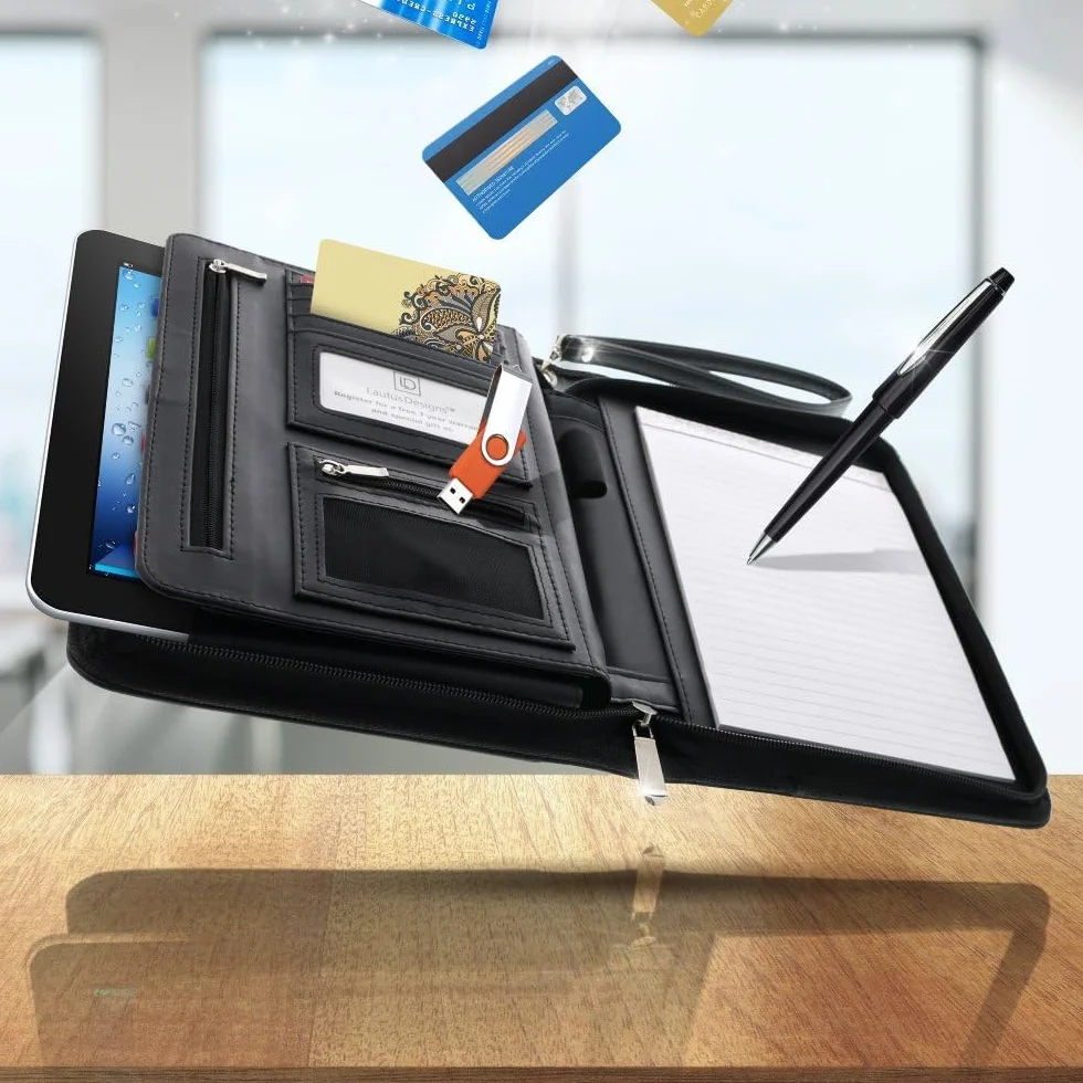 Portafolio de Negocios con Cremallera – Organizador de Cuero PU Premium, Pequeño Bloc de Notas & Funda para Tableta de 8 Pulgadas – Carpeta para Trabajo, Reuniones & Viajes – Negro
