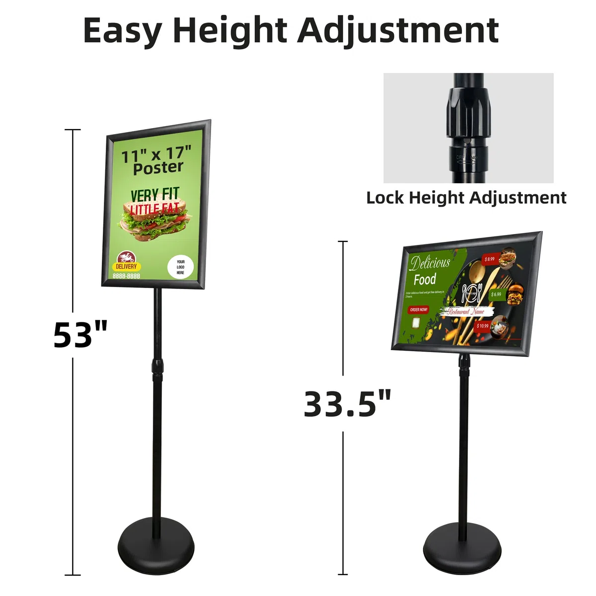 Soporte de cartel de pedestal, soporte de aluminio ajustable para carteles de marco abierto de 11 x 17 pulgadas para pantalla vertical/horizontal, negro