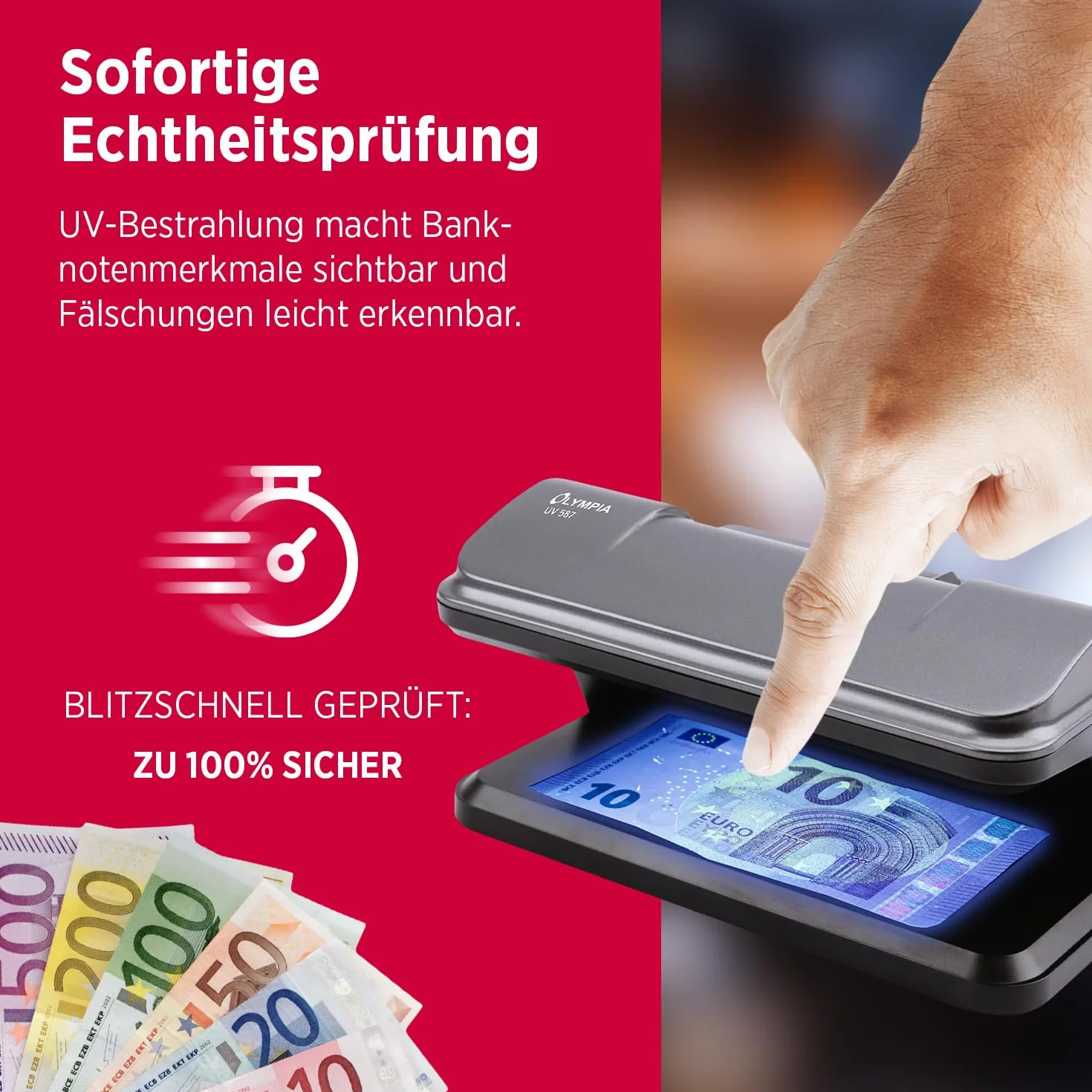 Olympia Detector de billetes UV 587, luz UV 365 nm, 2 LED UV 3 W, comprobador billetes falsos USB
