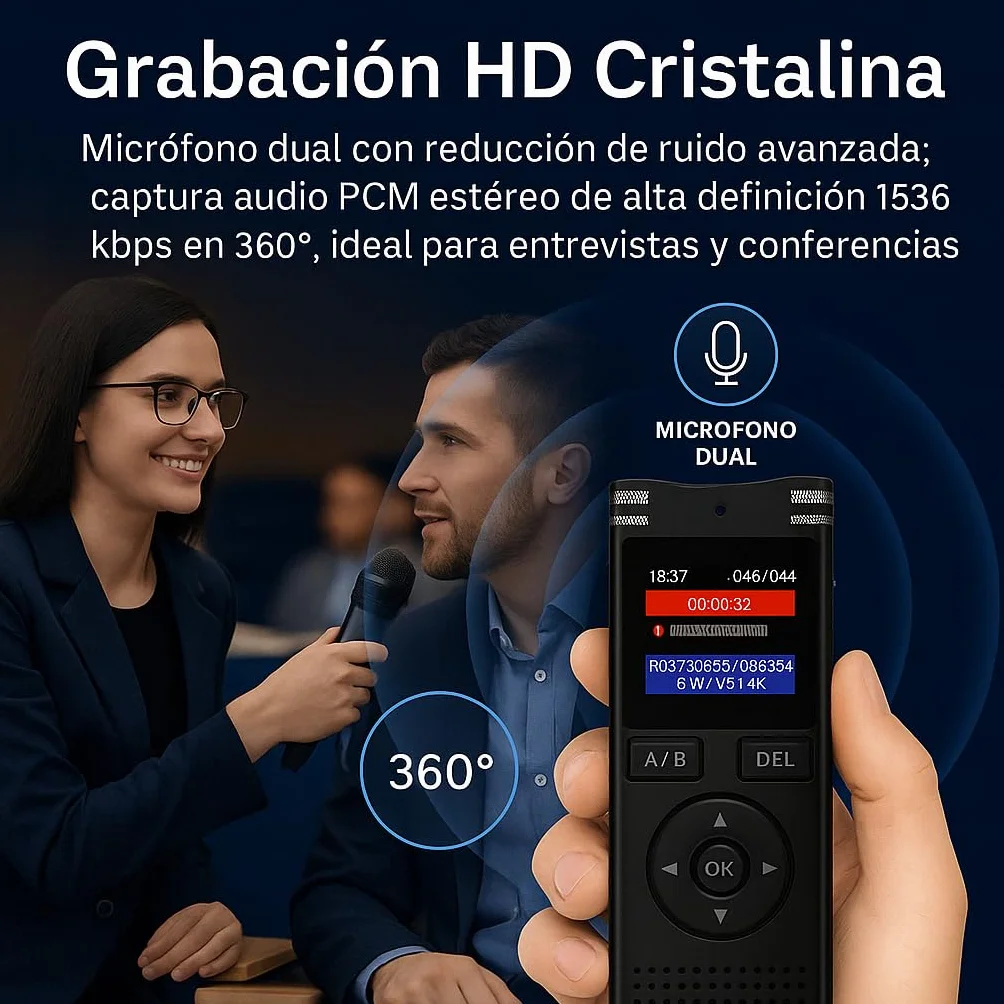 SmartRec Grabadora de Voz IA 128GB Activación por Voz Protección Contraseña Audio HD 1536kbps USB-C
